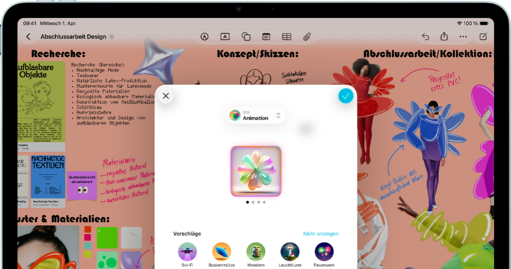 iPad Air, Vorderansicht, Querformat, Lautstärketasten, Ein-/Ausschalter, das Display zeigt eine farbenfrohe App Benutzeroberfläche mit verschiedenen Symbolen