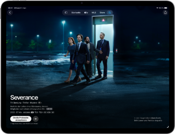 iPad Air, Vorderansicht, das Display zeigt Severance in der Apple TV App