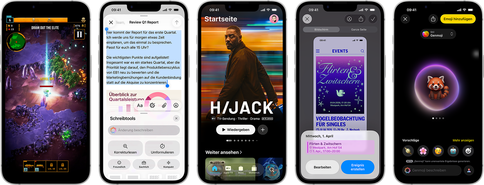 Nebeneinander angeordnete iPhone 17e Geräte mit unterschiedlichen Displays: ein Spiel wird gespielt, Schreibtools, Apple TV App, ein Kalenderereignis wird erstellt, ein Genmoji wird erstellt