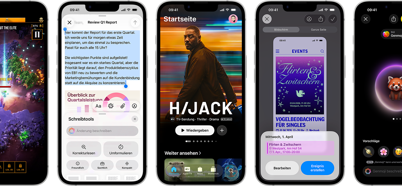 Nebeneinander angeordnete iPhone 17e Geräte mit unterschiedlichen Displays: ein Spiel wird gespielt, Schreibtools, Apple TV App, ein Kalenderereignis wird erstellt, ein Genmoji wird erstellt