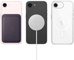 iPhone 17e i blekrosa med FineWoven-pl&aring;nbok i f&auml;rgen midnatt, iPhone 17e i svart med MagSafe-laddare, iPhone 17e i vitt med transparent skal med MagSafe