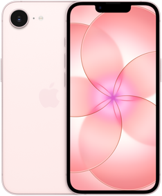 iNebeneinander, iPhone 17e, Rückseite, Farbe Hellrosa, Fusion Kamera-System oben links, iPhone 17e, Vorderseite, All‑Screen Design