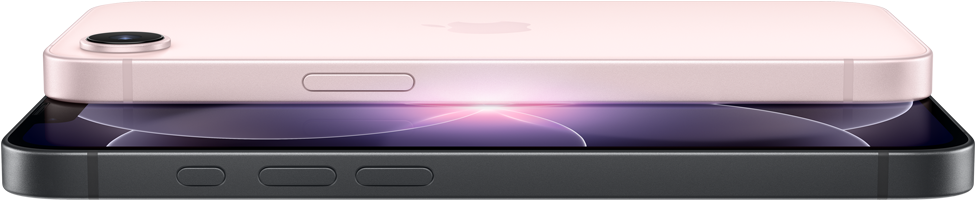 iPhone 17e, horizontale Seiten- und Rückansicht, Hellrosa, iPhone 17e, horizontale Seiten- und Vorderansicht, Schwarz